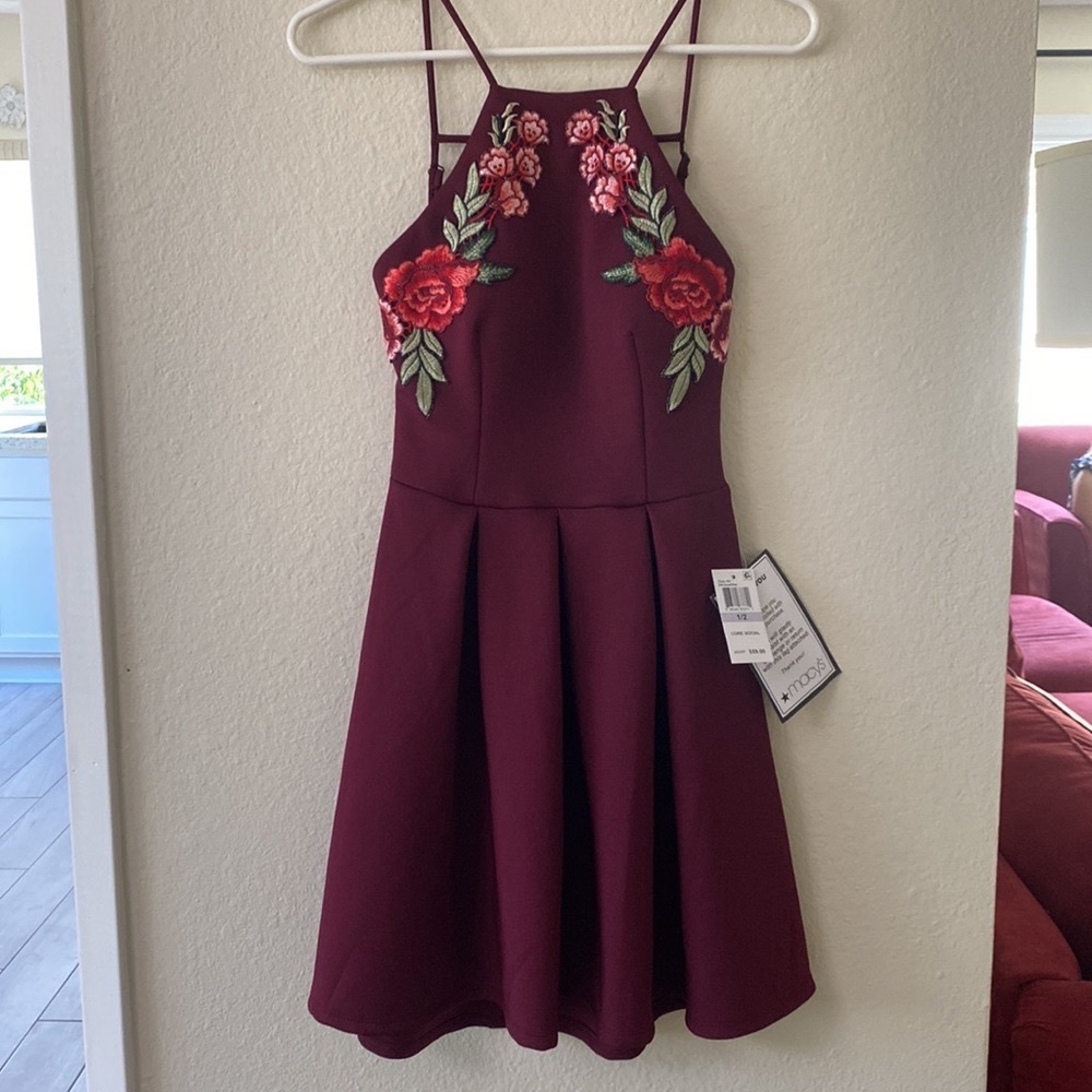 B Darlin' From Macy’s Fitt and Flare Dress with Floral Appliqué.